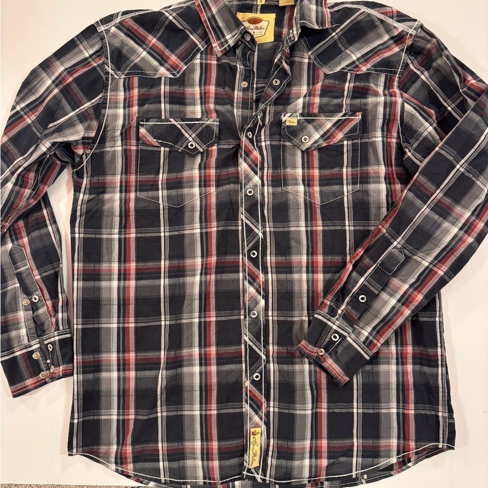 Larry Mahan Vintage Donut Snap Black and Red Plaid Cotton Shirt XL